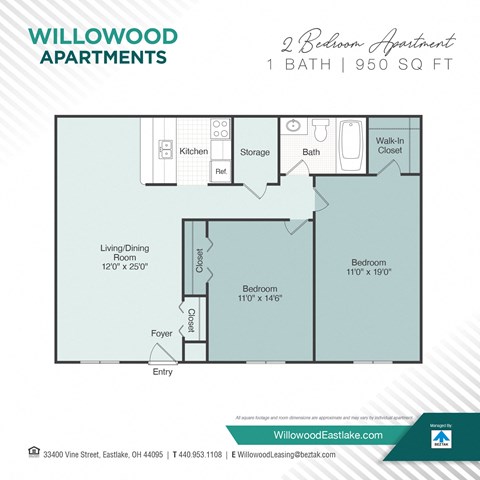 Floor plan for 2 beds, 1 bath, 950 sqft